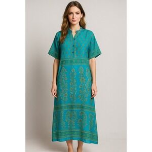 Burlington Taj Mahal Silk Kaftan Maxi Dress Blue Green Floral Boho‎ Resort Wear